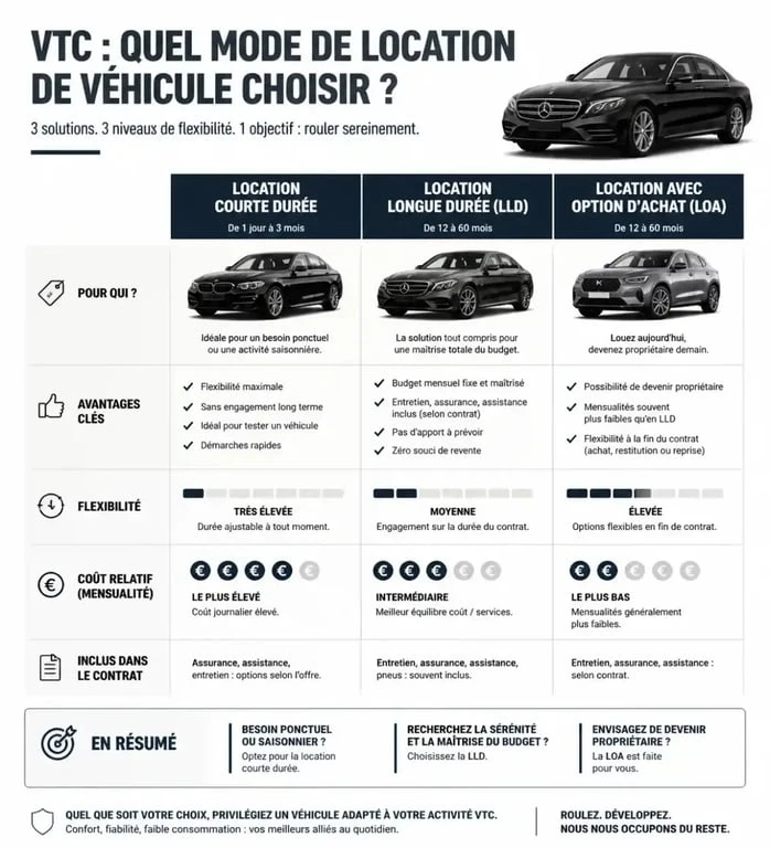 Comparatif des options pour louer une voiture pour VTC : courte durée, LLD et LOA