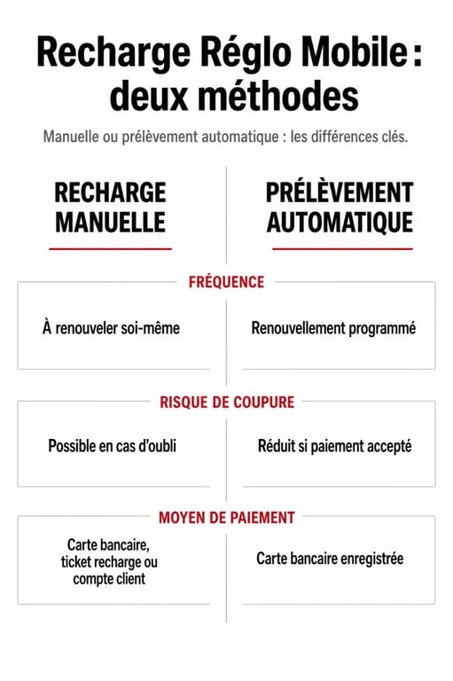 Infographie comparative des méthodes de recharge Réglo Mobile : manuelle ou automatique