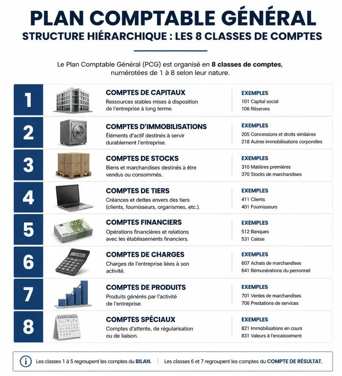 Schéma de la structure du Plan Comptable Général et des classes de comptes comptables