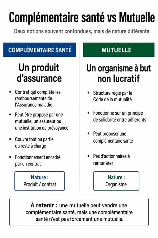 Infographie comparative entre mutuelle et complémentaire santé pour comprendre la différence