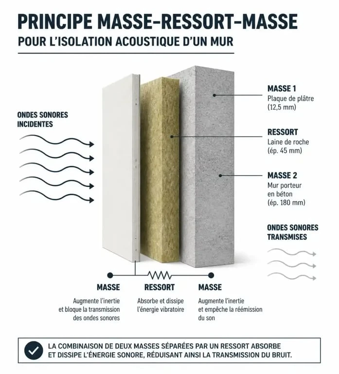 Schéma explicatif du principe masse-ressort-masse pour isoler phoniquement une pièce