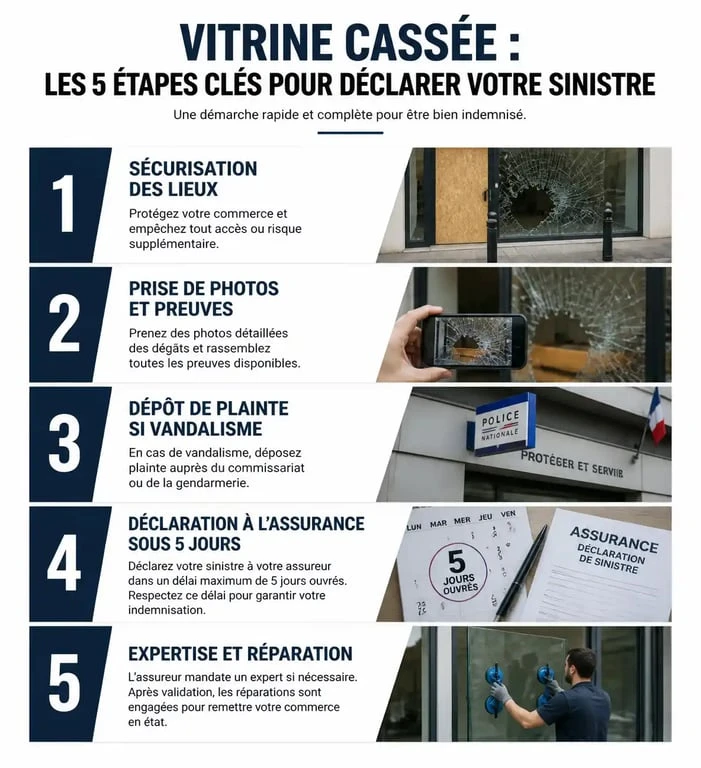 Infographie des étapes de prise en charge d'une vitrine cassée par l'assurance