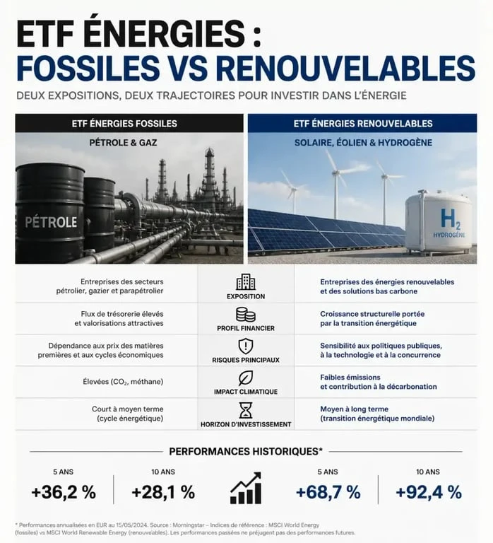 Comparatif visuel entre ETF énergies fossiles et ETF énergies renouvelables pour les investisseurs
