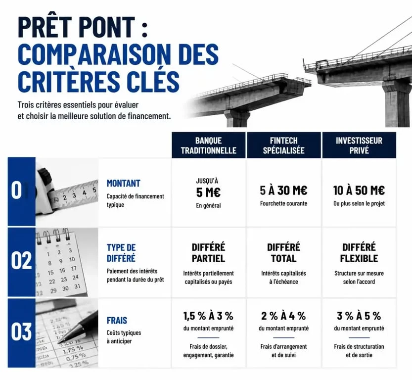 Infographie comparative des critères pour choisir la meilleure banque pour un prêt relais : quotité, différé et frais de dossier.