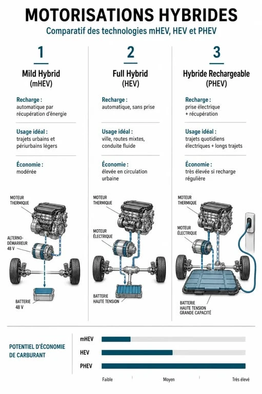 Infographie comparative des technologies de voitures hybrides : mHEV, HEV et PHEV pour choisir son comparateur voiture hybride.