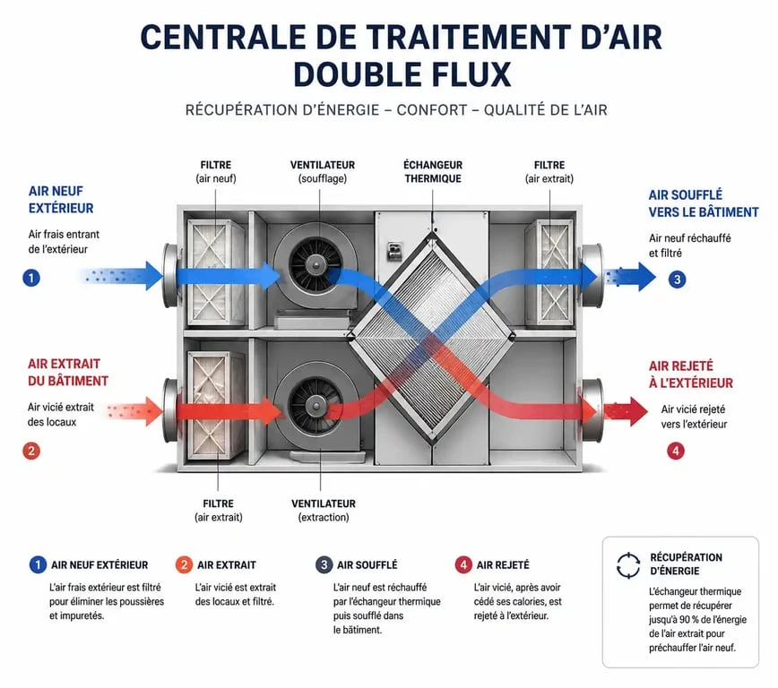 Schéma de fonctionnement d'une centrale de traitement d'air (CTA) double flux pour le chauffage et la ventilation