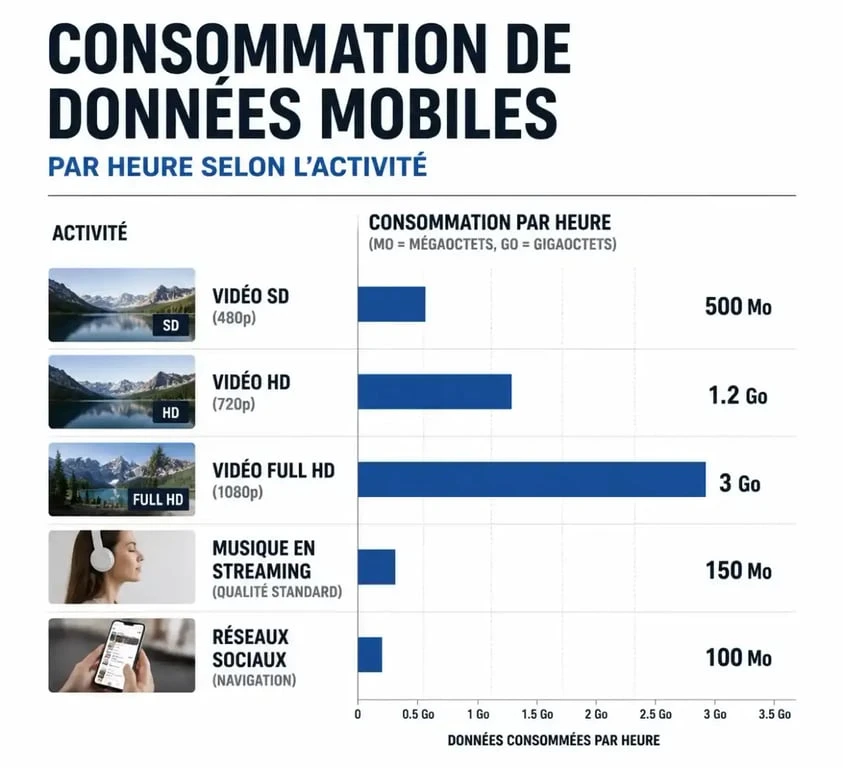 Infographie montrant la consommation de données mobiles pour 40 Go internet combien de temps