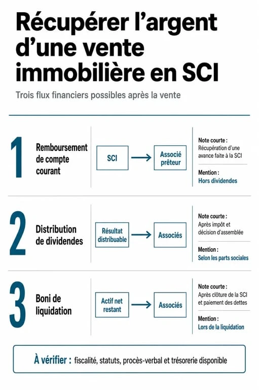 Schéma des méthodes pour récupérer l'argent de la vente d'un bien en SCI