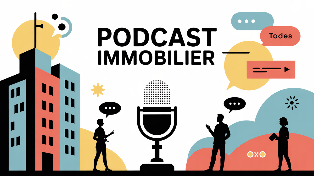 illustration podcast immobilier micro immeuble silhouettes