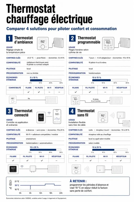 Comparatif visuel du thermostat chauffage électrique pour choisir entre ambiance, programmable, connecté ou sans fil