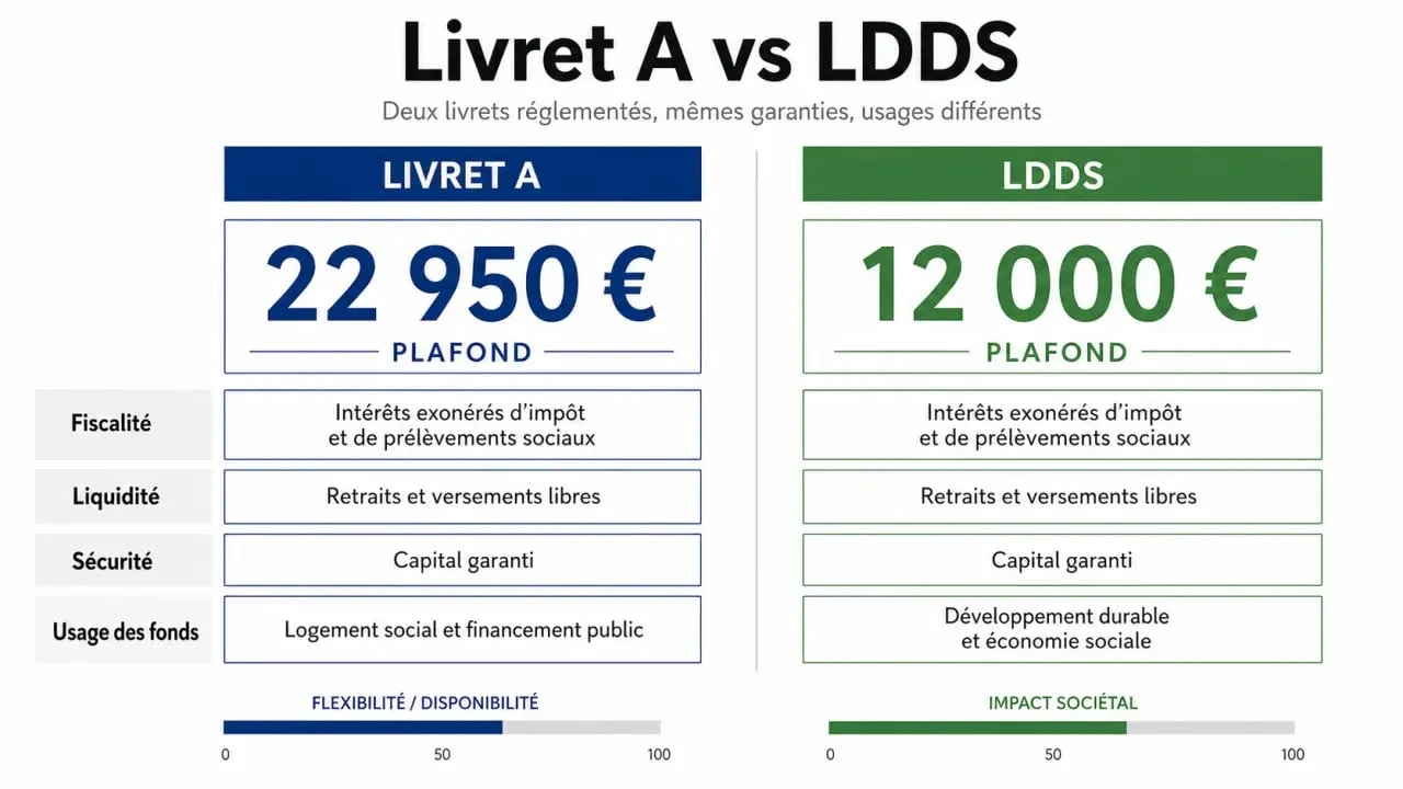 Comparatif visuel livret a ou ldds avec plafonds, taux, fiscalité et usages