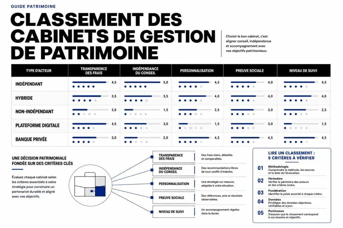 Classement cabinet gestion de patrimoine : comparaison visuelle des types de cabinets et des critères de choix