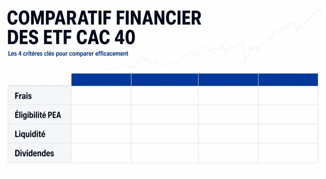 Meilleur ETF CAC 40 : illustration éditoriale comparant les frais, l’éligibilité PEA, la liquidité et les dividendes