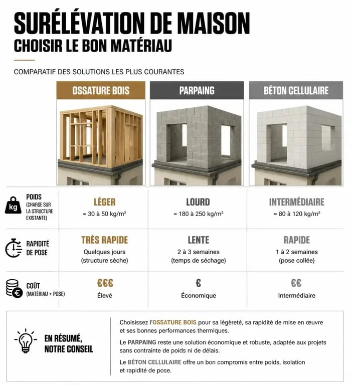 Comparatif des matériaux pour le prix d'une surélévation de maison de 40m2