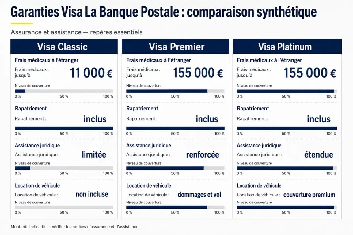 Comparatif des garanties de la banque postale assurance carte visa entre Visa Classic, Visa Premier et Visa Platinum