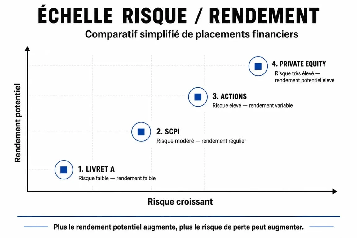 Infographie comparant le risque et le rendement des placements financiers pour atteindre 10 % par an