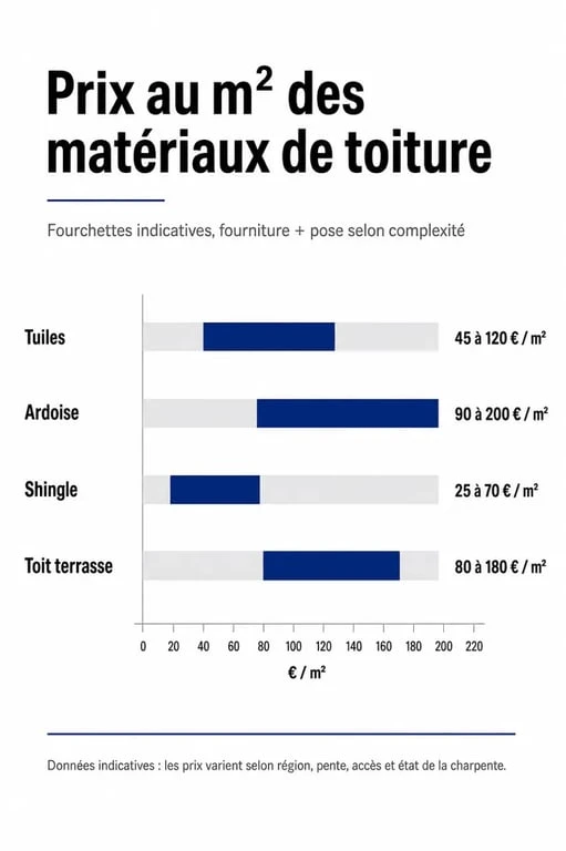 Tableau comparatif des prix d'une toiture de 100m2 selon le matériau
