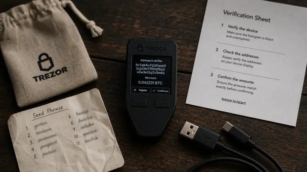 Hardware wallet hors ligne : seed phrase et adresse à vérifier