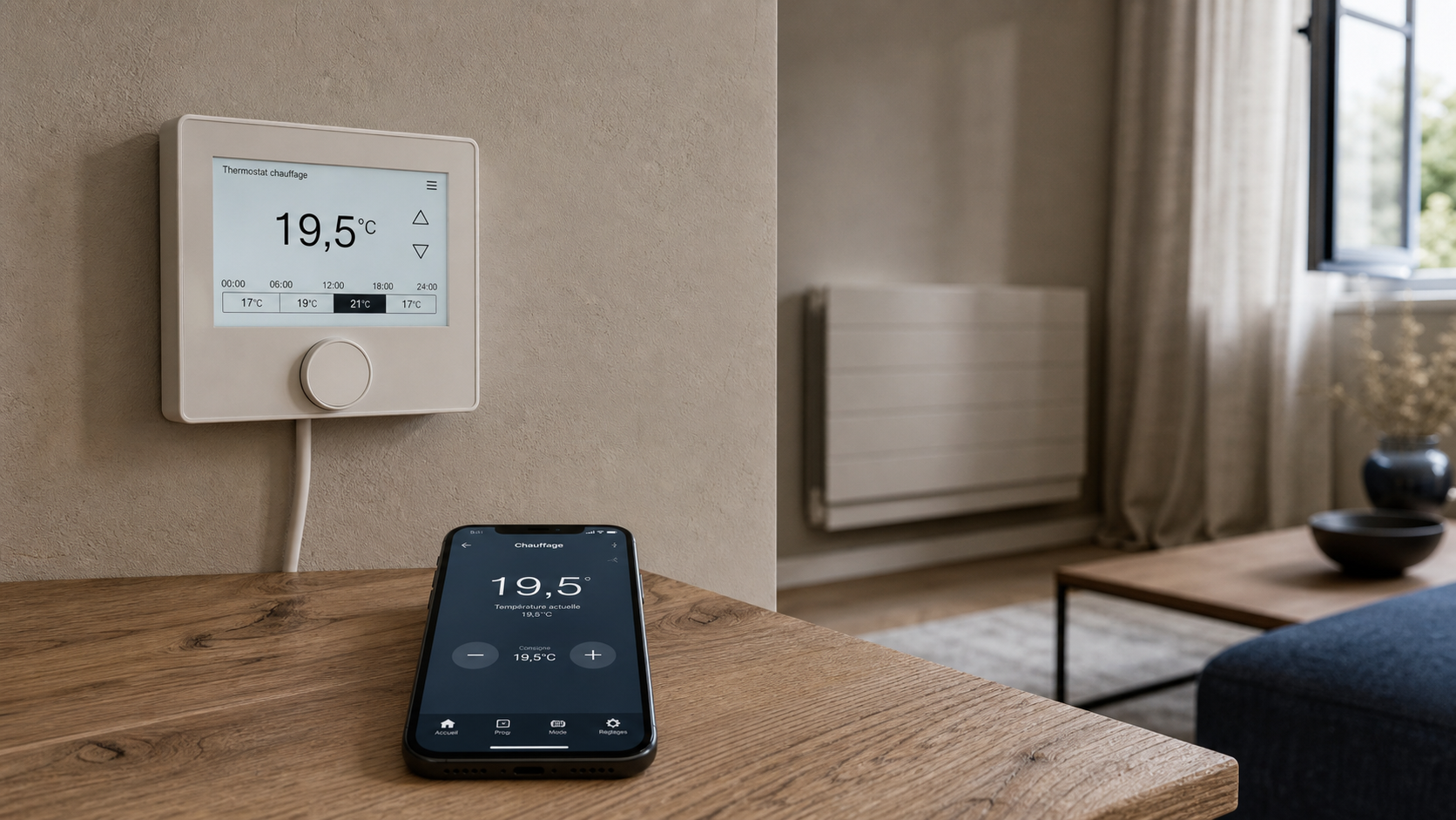 Thermostat chauffage électrique avec programmation sur mur, 19,5°C
