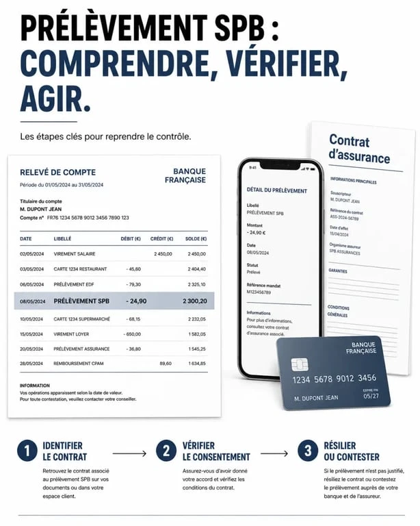 Prélèvement SPB sur relevé bancaire avec étapes pour identifier le contrat et contester le débit