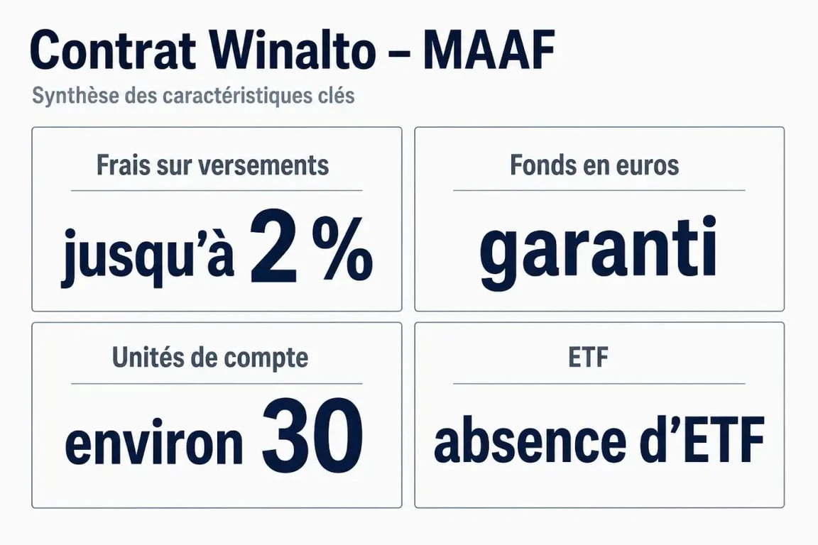 MAAF assurance vie avis : synthèse visuelle des frais, du fonds en euros et des supports du contrat Winalto