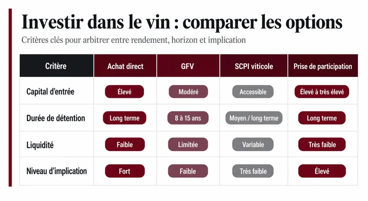 Investir dans le vignoble : comparatif des modes d’investissement viticole