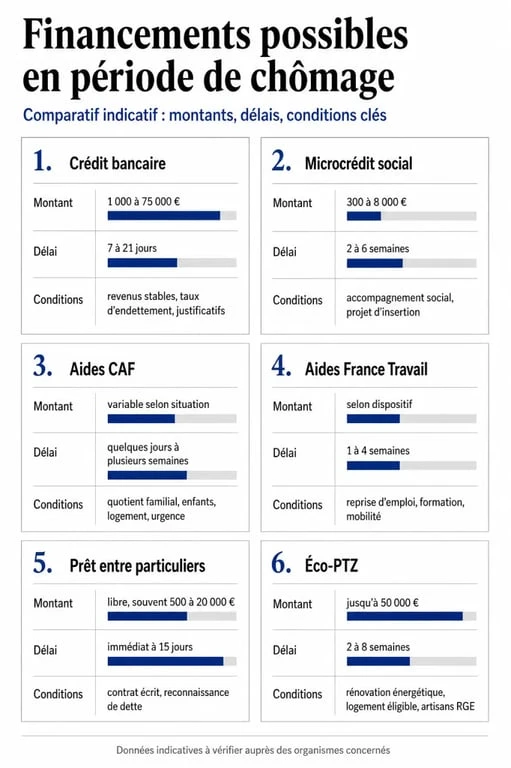 Comparatif du credit pour les chomeurs avec microcrédit social, aides CAF et France Travail