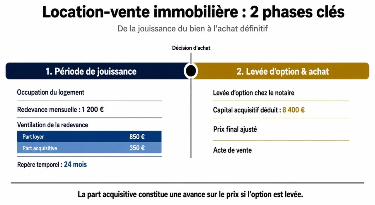 Location vente immobilier : schéma des deux phases entre occupation locative et achat final