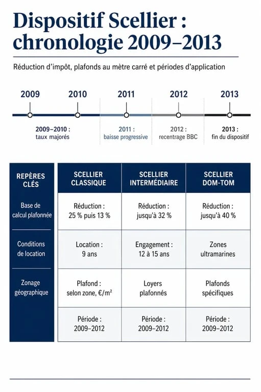 Défiscaliser scellier : frise chronologique et comparaison des taux, plafonds et versions du dispositif