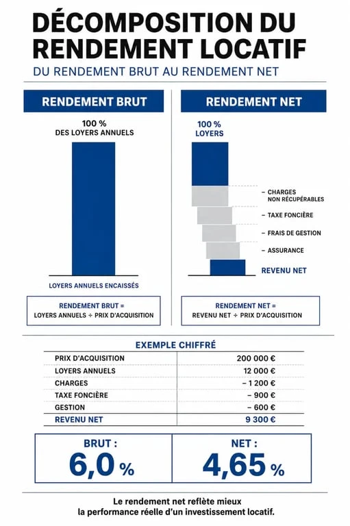 Infographie explicative du rendement locatif brut et net pour investir dans l'immobilier