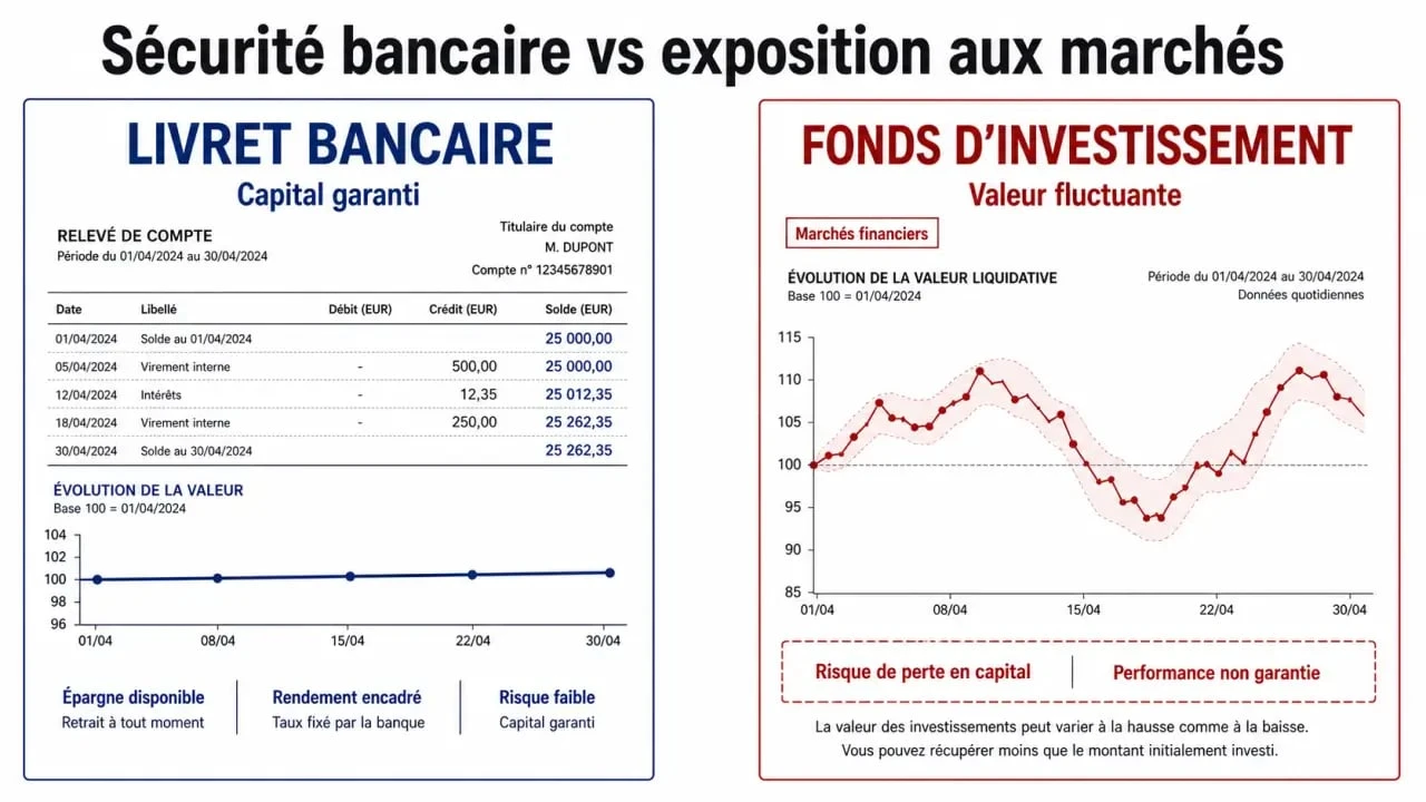 Livret bourse investissement : comparaison visuelle entre livret bancaire sécurisé et fonds d’investissement non garanti