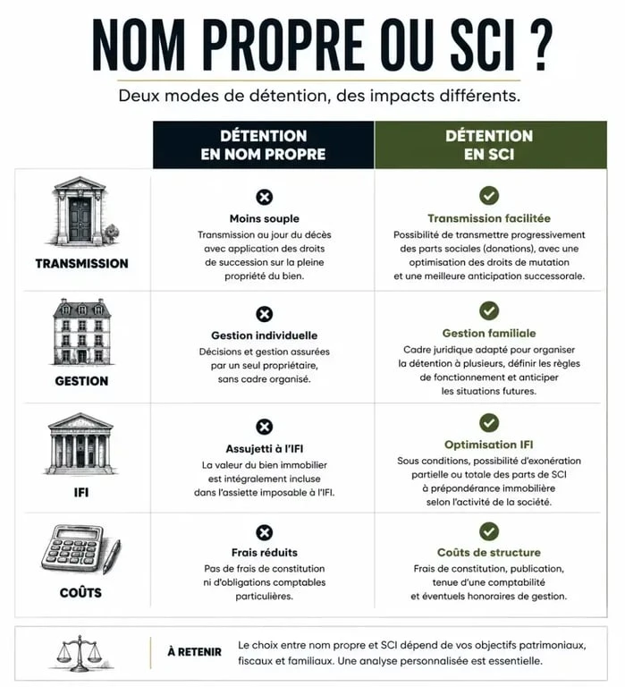Comparatif entre détention en nom propre et résidence principale en SCI pour la gestion patrimoniale