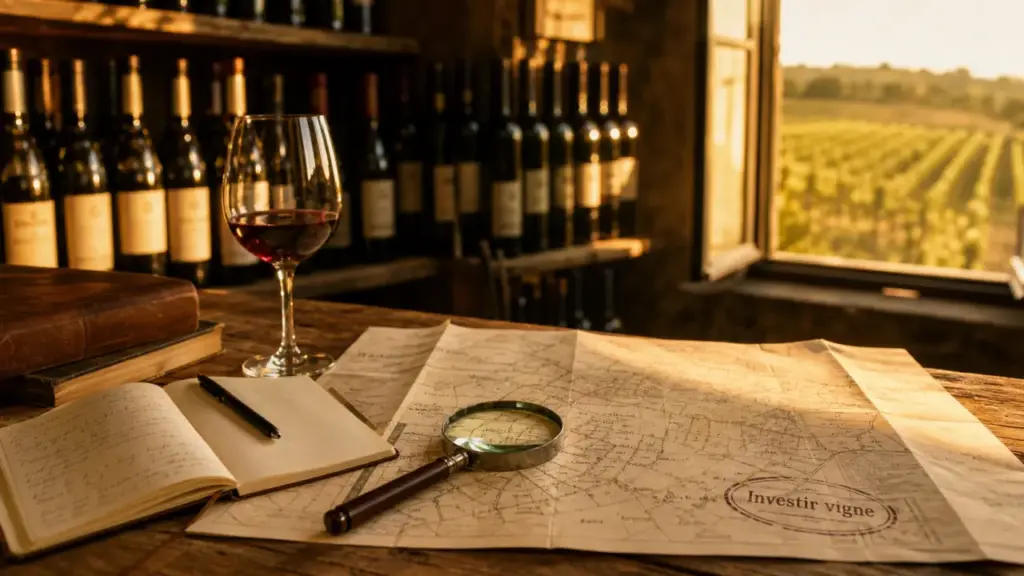 Investir dans le vignoble : plan cadastral, loupe et dégustation au chai viticole