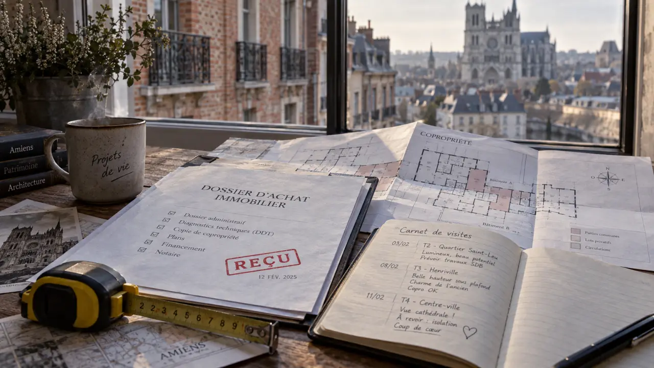 Achat appartement Amiens : dossier d’achat et plan de copropriété près de la fenêtre