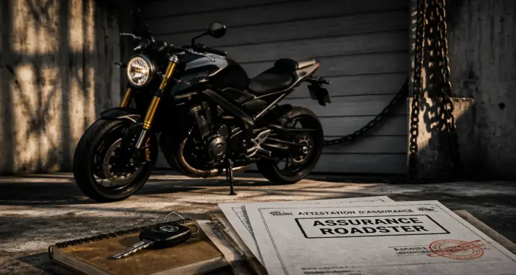 Assurance moto roadster : documents et clé devant un garage