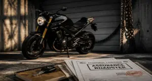 Assurance moto roadster : documents et clé devant un garage