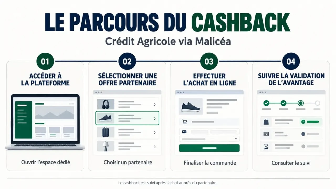 Parcours du cashback Crédit Agricole via Malicéa en quatre étapes