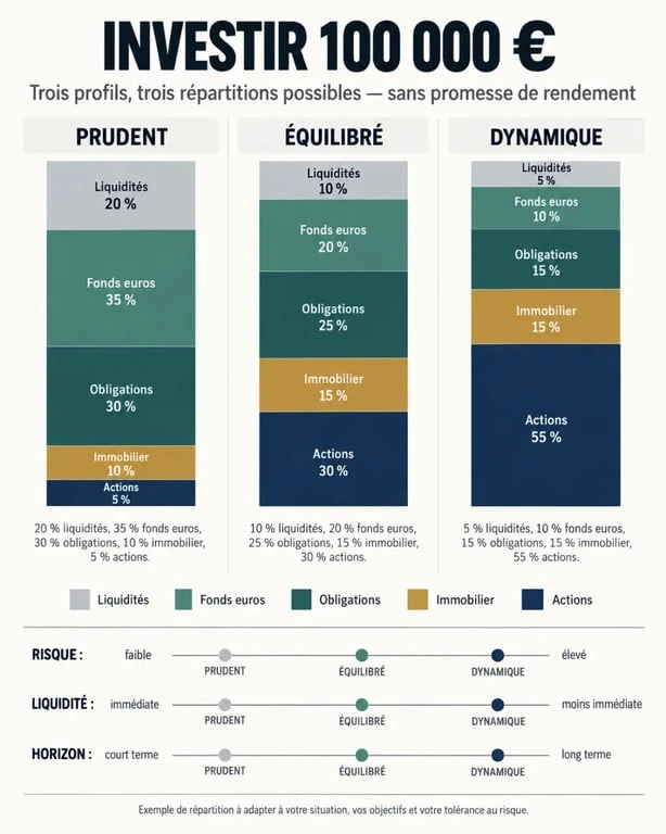 Infographie des allocations possibles pour investir 100.000 euros selon le profil de risque