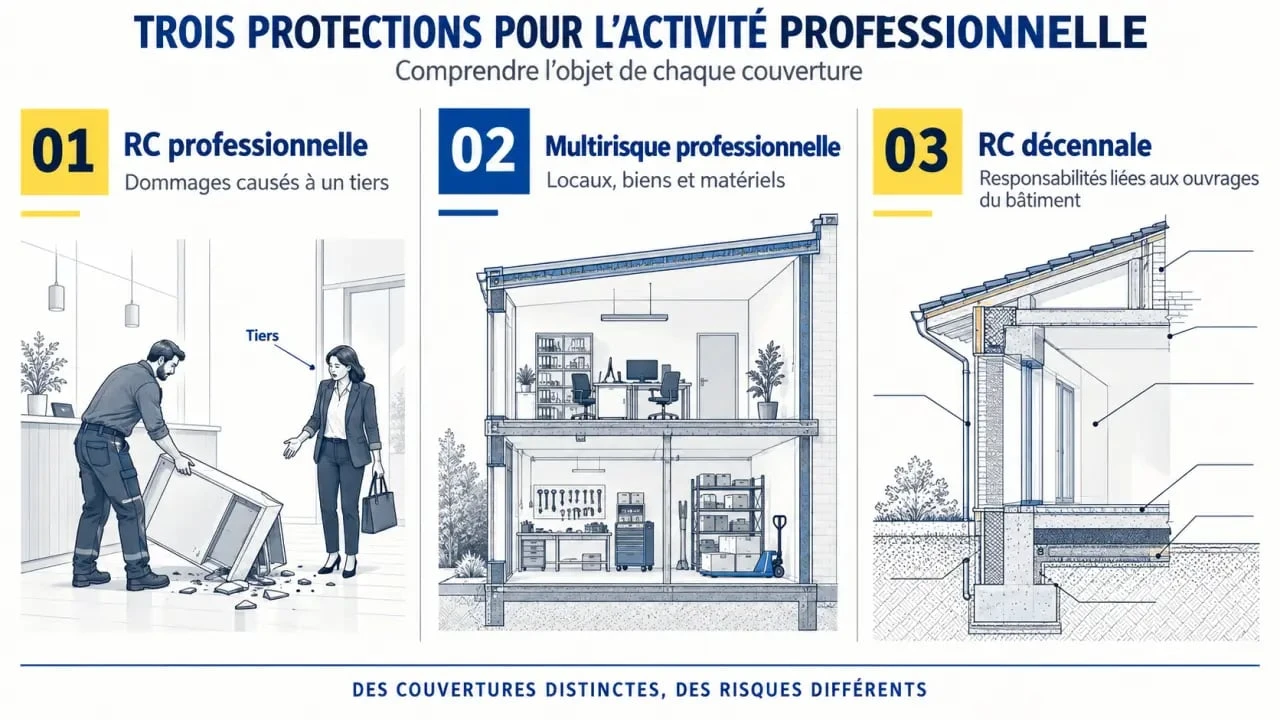 Infographie assurance professionnelle Abeille comparant RC pro, multirisque professionnelle et RC décennale