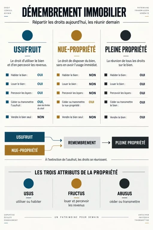 Nue-propriété définition : infographie comparative entre usufruit, nue-propriété et pleine propriété