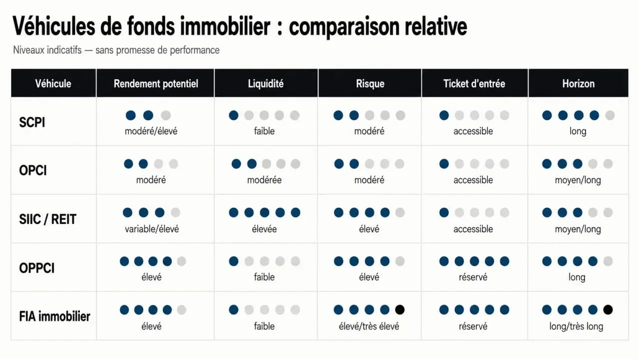 Comparatif visuel d’un fonds immobilier entre SCPI, OPCI, SIIC/REIT et OPPCI
