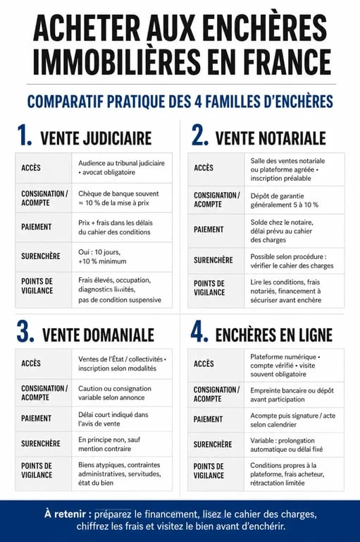 Acheter aux encheres immobilieres : infographie comparative des 4 types de ventes et de leurs délais