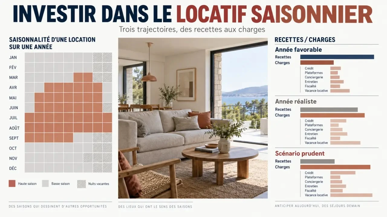 Infographie sur investir dans le locatif saisonnier, avec recettes, charges et scénarios de vacance