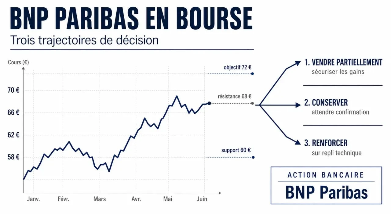 Faut il vendre ses actions BNP Paribas : schéma des scénarios vendre, conserver ou renforcer