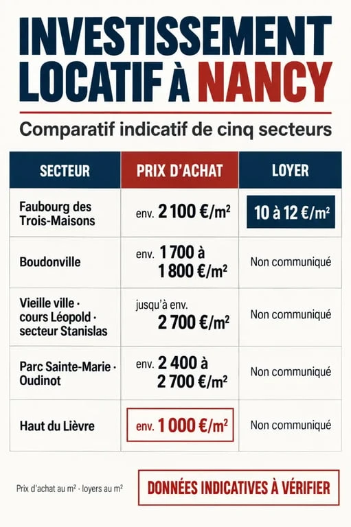 Infographie sur l'investissement locatif à Nancy : prix au mètre carré et repères de loyers par quartier