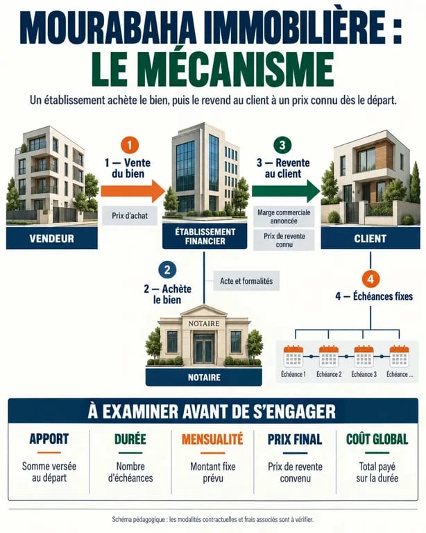 Infographie sur le fonctionnement de la Mourabaha France entre vendeur, établissement financier, notaire et client