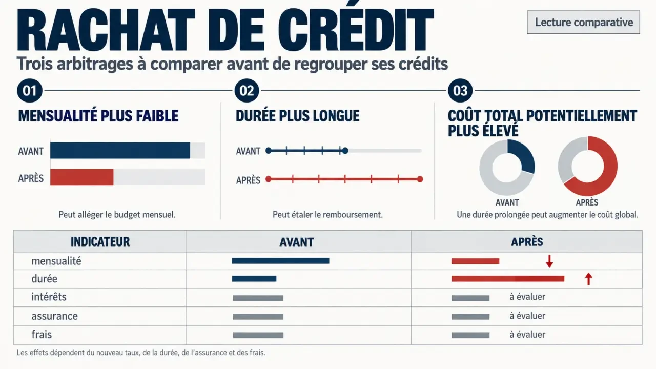 Infographie sur le rachat de crédit au Crédit Mutuel comparant mensualité, durée, assurance et coût total