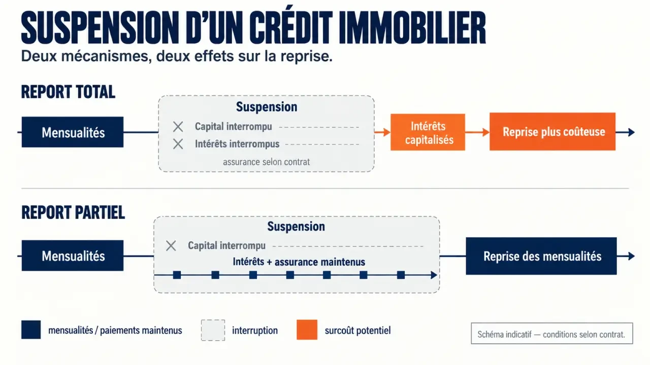 Suspension crédit immobilier : illustration du report total et du report partiel