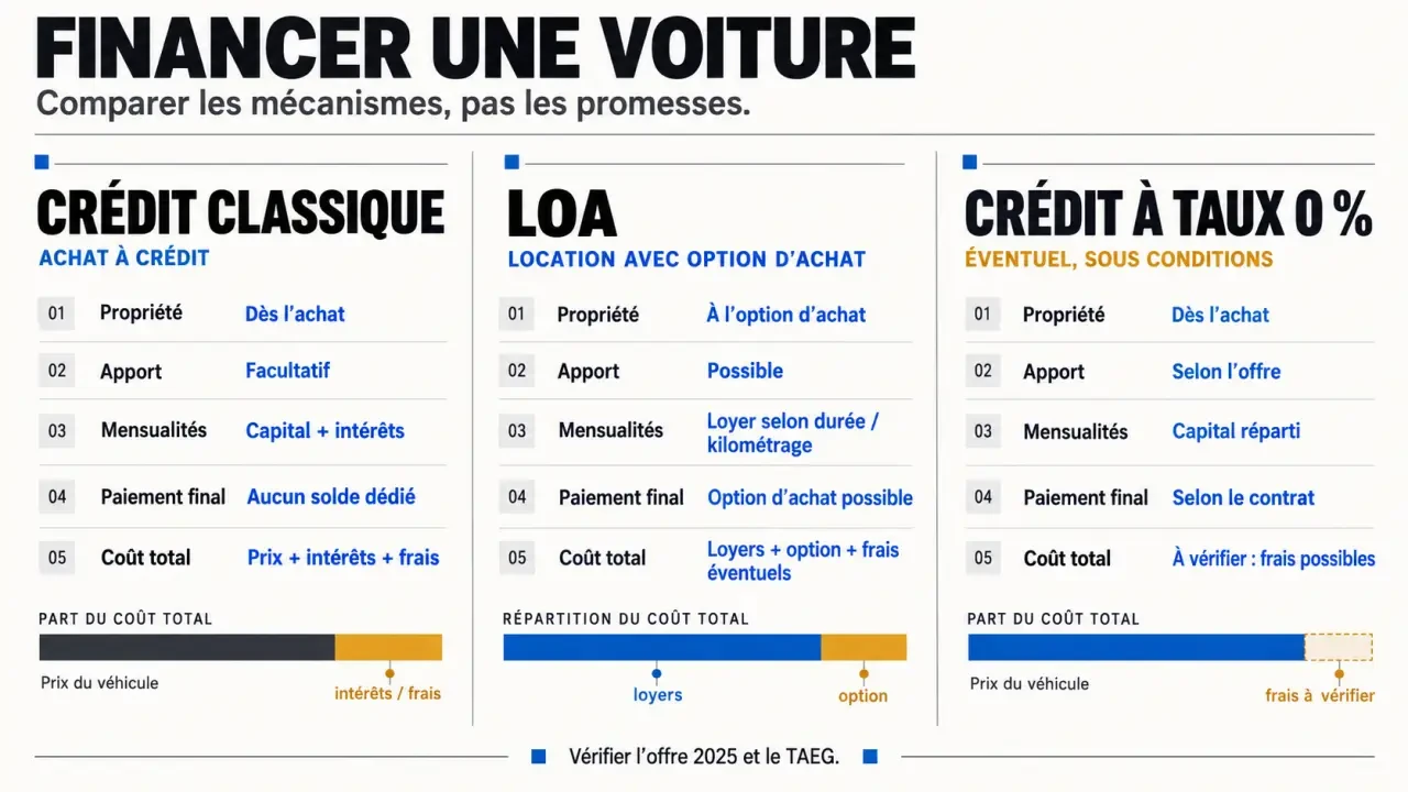 Infographie comparative sur le crédit auto taux 0 Volkswagen 2025, le crédit classique et la LOA